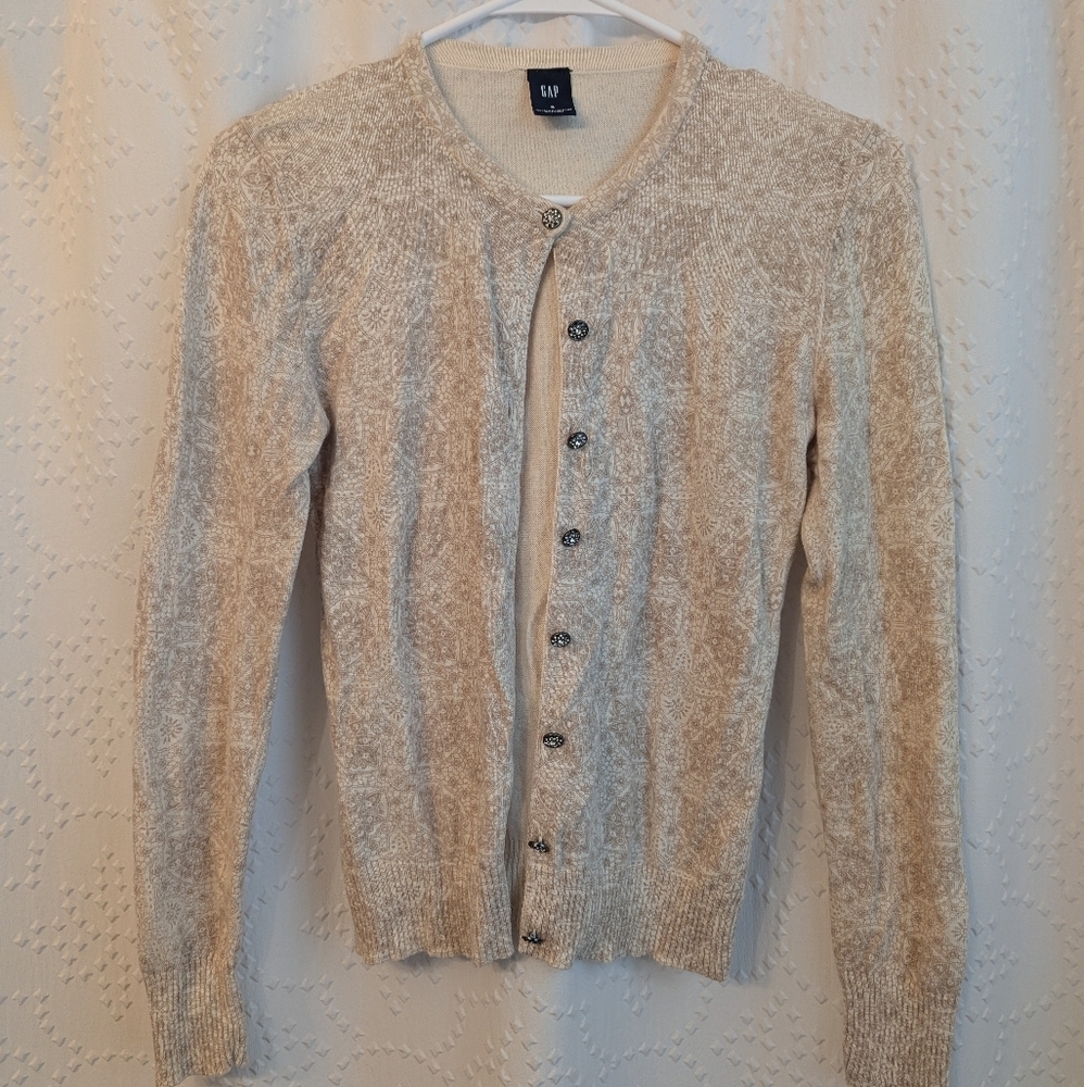 Wool Angora Blend Cardigan Gap Gem Button Cotton Women's Small Cream Tan Pattern